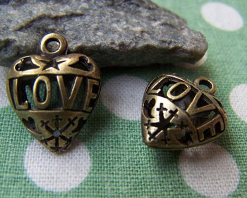 Accessories - 6 Pcs Heart Pendants Hollow Out Antique Bronze Charms Double Sided 15mm A3837