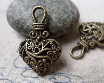 Accessories - 6 Pcs Of Antique Bronze 3D Filigree Swirly Flower Coiled Heart Pendants 20x31mm A6858