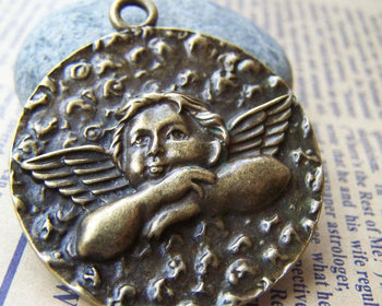Accessories - 6 Pcs Of Antique Bronze Angel Round Pendants Charms  39mm A1642