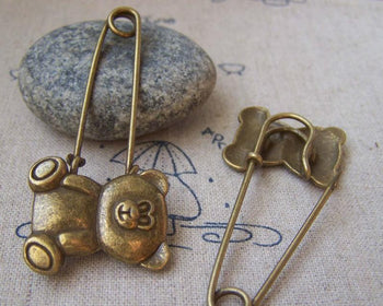 Accessories - 6 Pcs Of Antique Bronze Bear Safety Pin Brooch Findings 25x56mm A3023