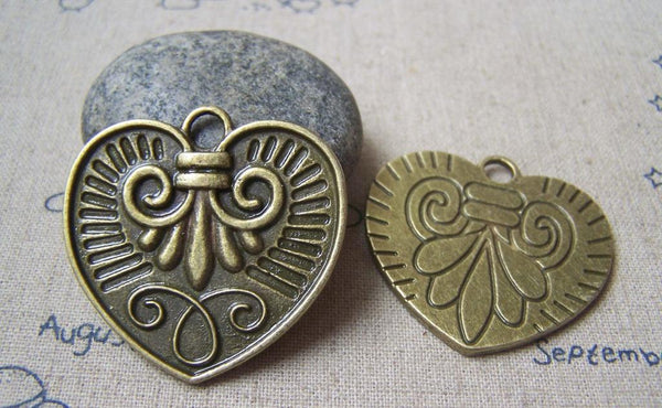 Accessories - 6 Pcs Of Antique Bronze Elegant Heart Pendants Charms 37x38mm A4766