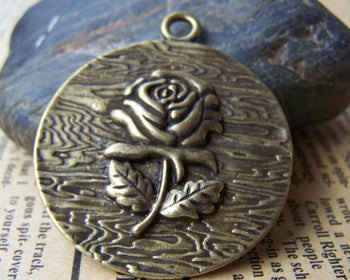 Accessories - 6 Pcs Of Antique Bronze Embossed Rose Flower Round Pendants Huge Size 38mm A1636