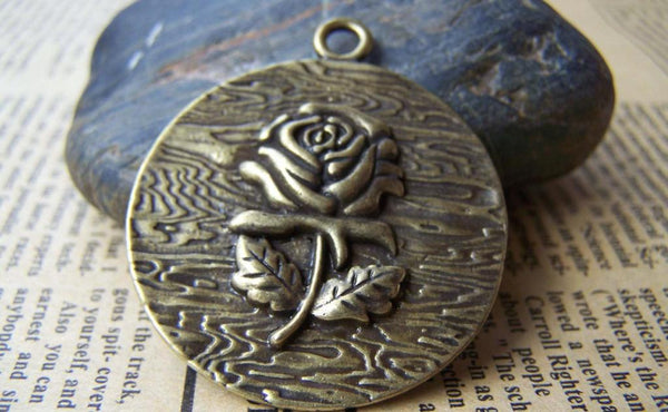 Accessories - 6 Pcs Of Antique Bronze Embossed Rose Flower Round Pendants Huge Size 38mm A1636