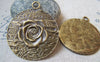 Accessories - 6 Pcs Of Antique Bronze Embossed Rose Flower Round Pendants Huge Size 38mm A5707