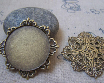 Accessories - 6 Pcs Of Antique Bronze Filigree Flower Sawtooth Bases Match 30mm Cameo A4793