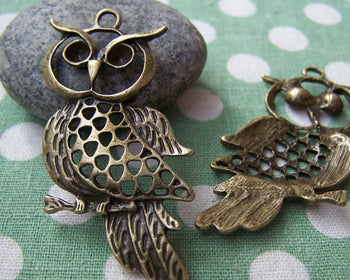 Accessories - 6 Pcs Of Antique Bronze Filigree Owl Pendants Charms 25x50mm A145