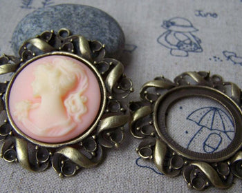 Accessories - 6 Pcs Of Antique Bronze Filigree Twisted Round Cameo Base Settings Match 30mm Cab A1236