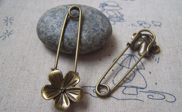 Accessories - 6 Pcs Of Antique Bronze Flower Safety Pins Broochs 11x50mm A4873