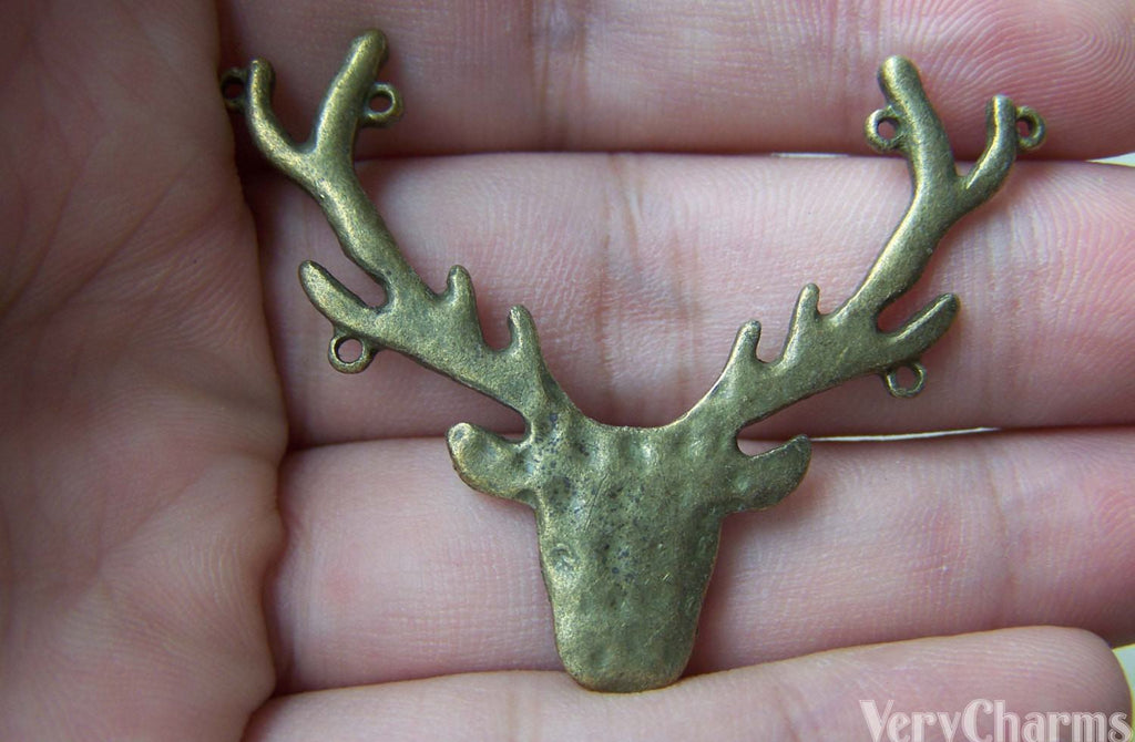 Accessories - 6 Pcs Of Antique Bronze Huge Antler Deer Head Horn Charms Pendants Connector  38x54mm A2822