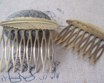 Accessories - 6 Pcs Of Antique Bronze Huge Feather Eight Teeth Hair Clips 45x52mm A4298