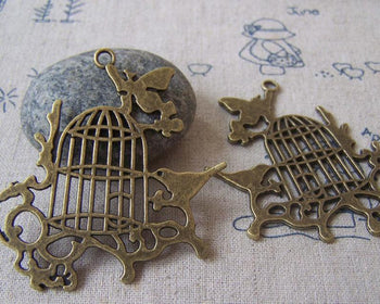 Accessories - 6 Pcs Of Antique Bronze Huge Flat Bird Cage Pendants Charms 51x55mm A4339