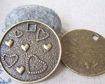 Accessories - 6 Pcs Of Antique Bronze Love Heart Round Pendants 42mm A4531