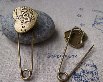 Accessories - 6 Pcs Of Antique Bronze Love Heart Safety Pin Brooch Findings 19x50mm A2952