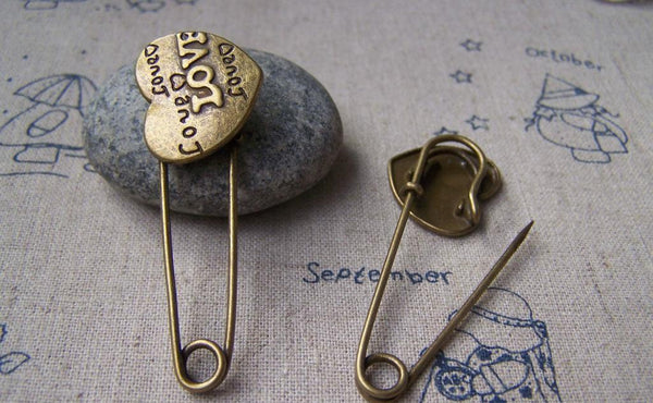 Accessories - 6 Pcs Of Antique Bronze Love Heart Safety Pin Brooch Findings 19x50mm A2952