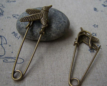 Accessories - 6 Pcs Of Antique Bronze Lovely Bird Safety Pins Broochs 12x50mm A2880