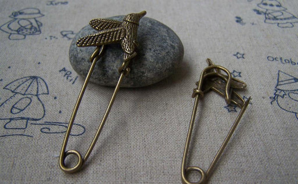 Accessories - 6 Pcs Of Antique Bronze Lovely Bird Safety Pins Broochs 12x50mm A2880