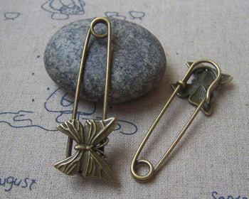 Accessories - 6 Pcs Of Antique Bronze Lovely Butterfly Safety Pins Broochs 11x50mm A4874