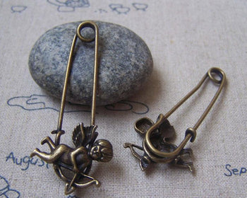 Accessories - 6 Pcs Of Antique Bronze Lovely Cupid Angel Safety Pins Broochs 11x50mm A4893