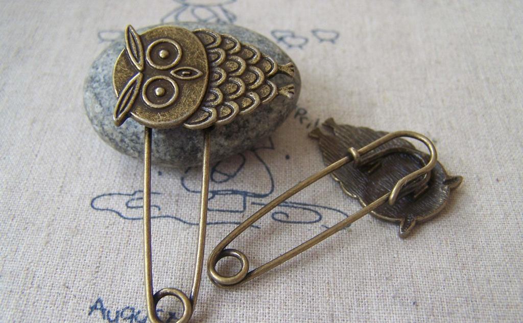 Accessories - 6 Pcs Of Antique Bronze Lovely Owl Safety Pins Broochs 11x50mm A4252