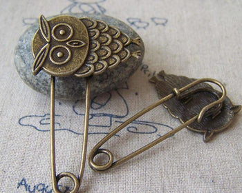Accessories - 6 Pcs Of Antique Bronze Lovely Owl Safety Pins Broochs 11x50mm A4252