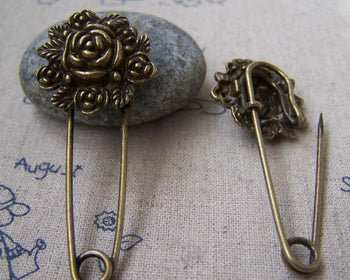 Accessories - 6 Pcs Of Antique Bronze Lovely Round Flower Safety Pins Broochs 11x50mm A2881