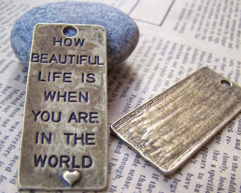Accessories - 6 Pcs Of Antique Bronze Rectangular Heart Pendants Charms 22x51mm A3903