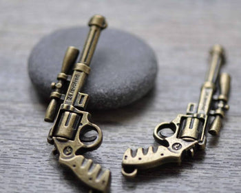 Accessories - 6 Pcs Of Antique Bronze Revolver Handgun Pendants Charms 30x56mm A7779