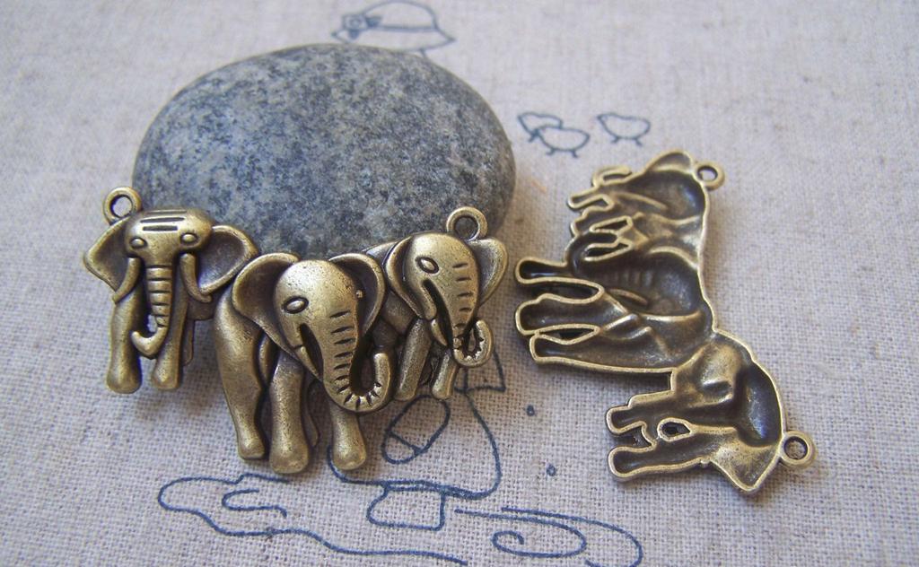 Accessories - 6 Pcs Of Antique Bronze Three Elephants Walking Together Pendants Charms 25x44mm A4949
