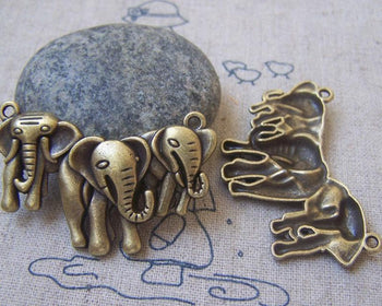 Accessories - 6 Pcs Of Antique Bronze Three Elephants Walking Together Pendants Charms 25x44mm A4949