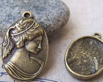 Accessories - 6 Pcs Of Antique Bronze Victorian Lady Oval Pendant Charms 20x28mm A690