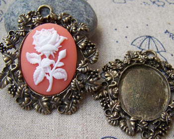 Accessories - 6 Pcs Of Antique Bronze Vine Leaf Oval Cameo Base Settings Match 22x28mm Cabochon A4374