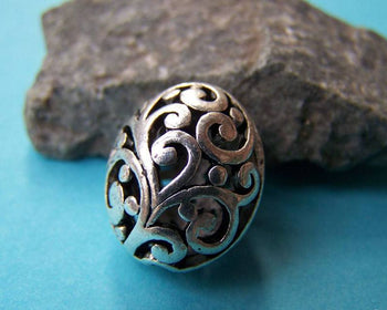 Accessories - 6 Pcs Of Antique Silver 3D Filigree Swirly Oval Beads  14x17mm A1017