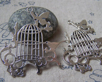 Accessories - 6 Pcs Of Antique Silver Huge Flat Bird Cage Pendants Charms 51x55mm A5745