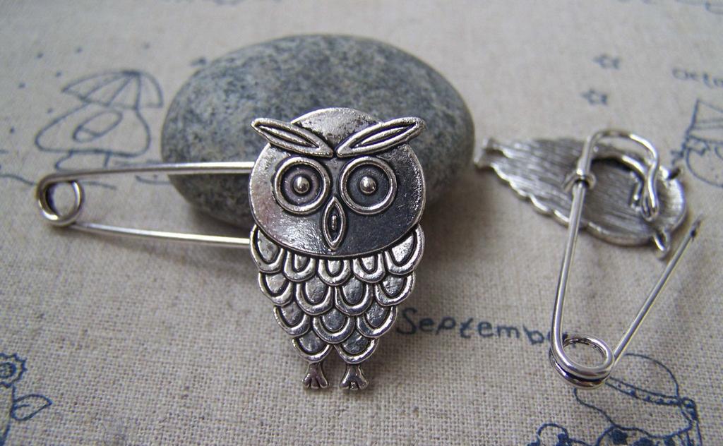Accessories - 6 Pcs Of Antique Silver Lovely Owl Safety Pins Broochs 11x50mm A2883