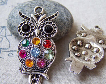 Accessories - 6 Pcs Of Antique Silver Rhinestone Owl Pendants  45mm A5588