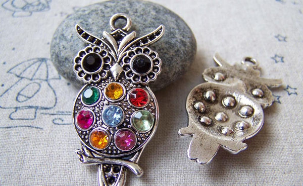 Accessories - 6 Pcs Of Antique Silver Rhinestone Owl Pendants  45mm A5588