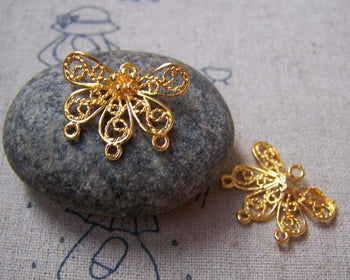 Accessories - 6 Pcs Of Non-Tarnish 18K Gold Colored Brass 4 Loops Filigree Flower Connectors 18x22mm A5155