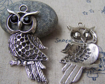 Accessories - 6 Pcs Of Tibetan Silver Antique Silver Rhinestone Owl Pendants 25x50mm A2928