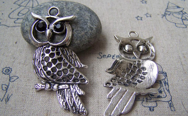 Accessories - 6 Pcs Of Tibetan Silver Antique Silver Rhinestone Owl Pendants 25x50mm A2928