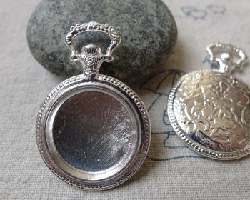 Accessories - 6 Pcs Shiny Silver Pocket Watch Round Base Pendants Match 20mm Cabochon A6585