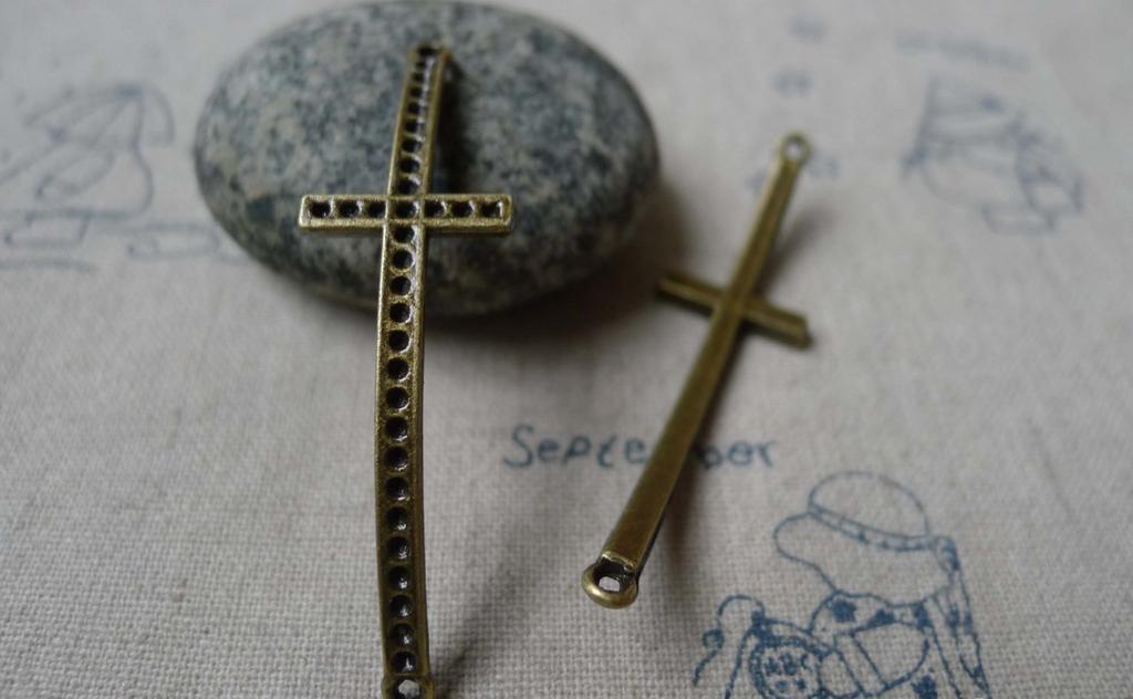 Accessories - 8 Pcs Of Antique Bronze Curved Sideways Cross Bracelet Connectors Charms 15x51mm A5849