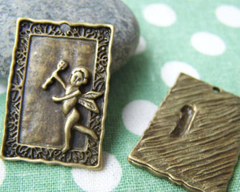 Accessories - Angel Pendants Rectangular Cupid Antique Bronze Charms 21x31mm Set Of 10 Pcs  A3703