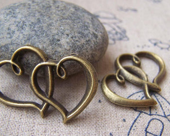 Accessories - Antique Bronze Double Heart Charms Two Hearts Pendants 20x32mm Set Of 10 A1521