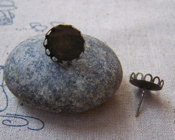 Accessories - Antique Bronze Ear Studs Earring Posts Scalloped Edge Bezel Match 12mm Cabochon Set Of 10 Pcs  A5038