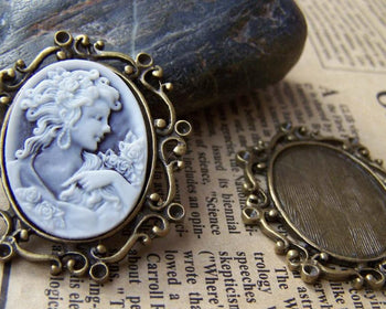 Accessories - Antique Bronze Pendant Tray Oval Cameo Base Settings Match 22x30mm Cabochon Set Of 10 Pcs A3175