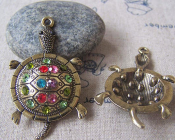 Accessories - Antique Gold Rhinestone Turtle Pendants Colorful Charms  28x48mm Set Of 2 Pcs A4580