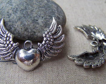 Accessories - Antique Silver Heart Wing Charms Flying Angel Pendants 27x37mm Set Of 6 Pcs A906