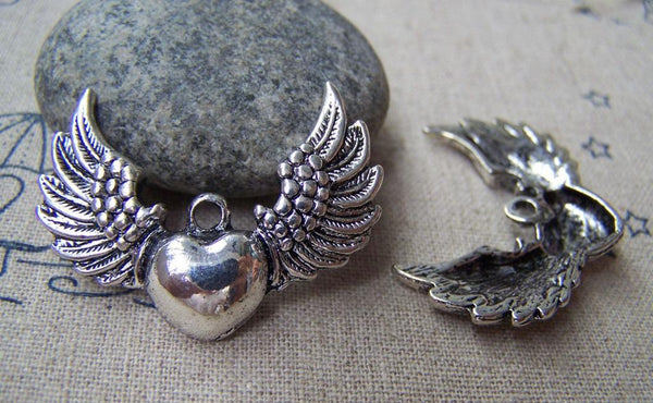 Accessories - Antique Silver Heart Wing Charms Flying Angel Pendants 27x37mm Set Of 6 Pcs A906