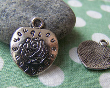Accessories - Antique Silver Rose Flower Heart Charms 18x20mm Set Of 10 Pcs A1337