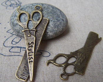 Accessories - Barber Shop Stylist Scissors And Comb Charms Antique Bronze Shears Pendants  21x53mm Set Of 10 Pcs A3947